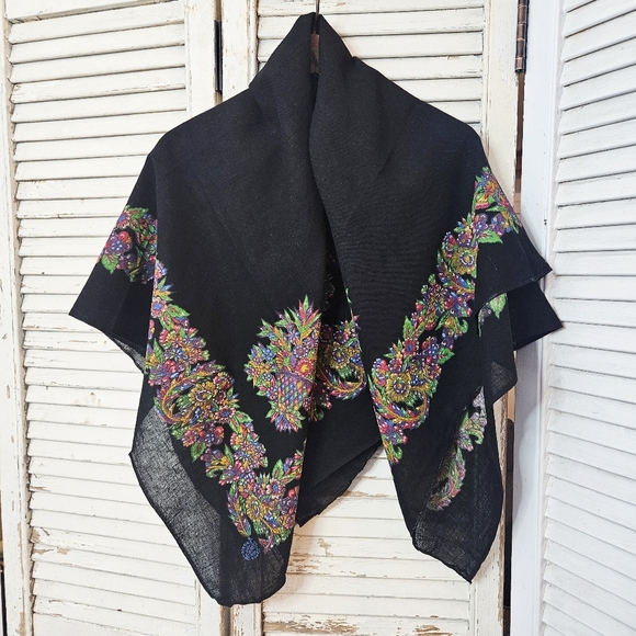 Vintage Accessories - Vintage 70s Black Cotton Square Scarf/Shawl With Vibrant Printed Border Design